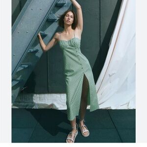 Zara linen, polka dot dress with side slit, decorative buttons